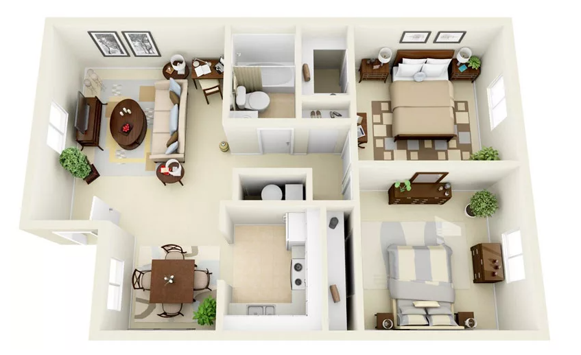 phương án thiết kế nội thất chung cư 2 phòng ngủ 